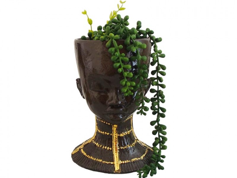Handmade Ceramic Lady Planter - Black Clay And Gold Lustre Neck Handmade Ceramic Lady Planter - Black Clay And Gold Lustre Neck